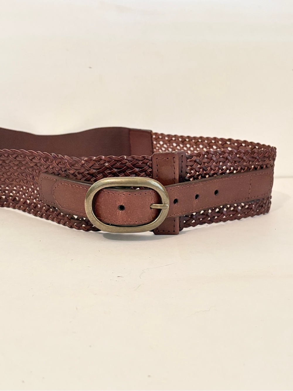 Ann Taylor Loft Dark Brown Woven Leather Elasticized Back Panel Wide Belt - Picture 2 of 12
